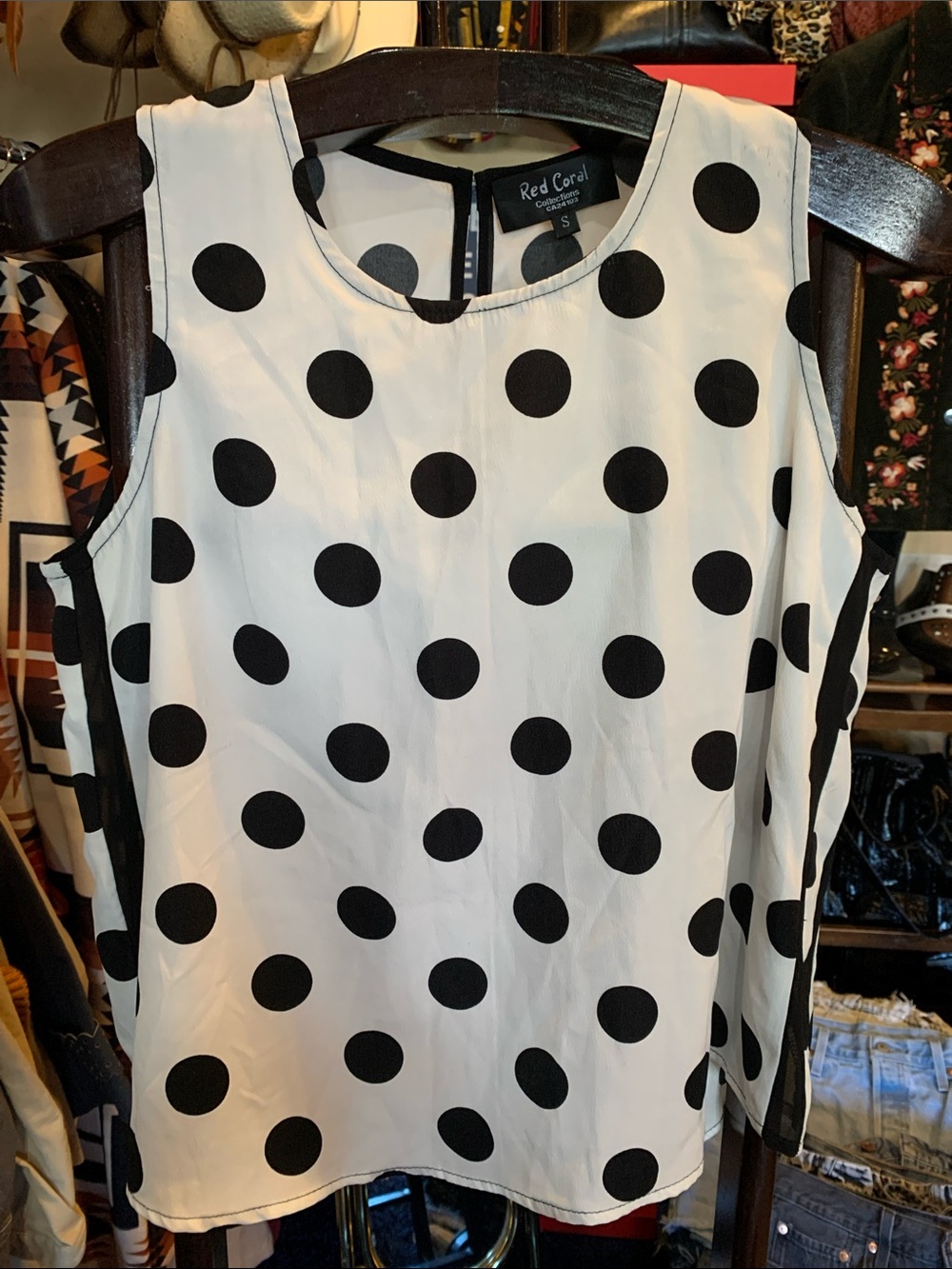 Red Coral Polka Dot Sleeveless Blouse - Black on White